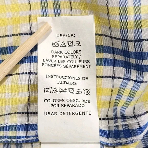 Chaps Men's Button Down Collared Shirt Size Large Short-Sleeve Plaid Blue Yellow - Picture 7 of 9